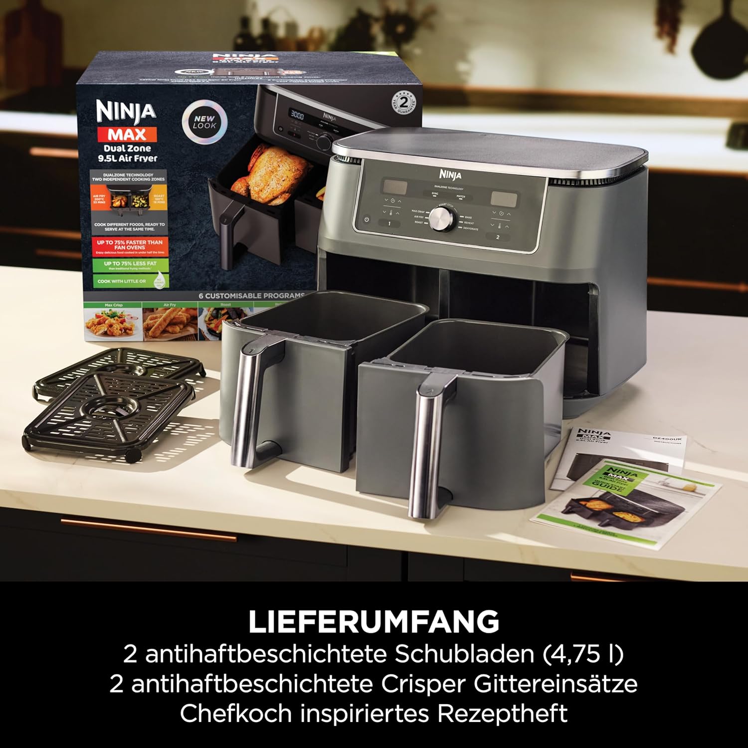 Ninja Dual Zone Digital Air Fryer, 2 Schubladen, 6-in-1, Heißluftfritteuse, 9,5L, Heißluft-Frittieren, Max Crisp, Rösten, Backen, Aufwärmen, Spülmaschinenfeste Körbe, Metallic Grau DZ400EU