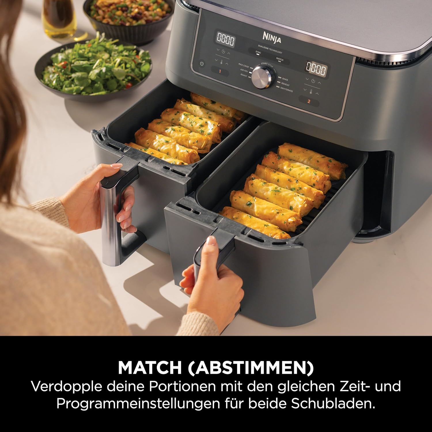 Ninja Dual Zone Digital Air Fryer, 2 Schubladen, 6-in-1, Heißluftfritteuse, 9,5L, Heißluft-Frittieren, Max Crisp, Rösten, Backen, Aufwärmen, Spülmaschinenfeste Körbe, Metallic Grau DZ400EU