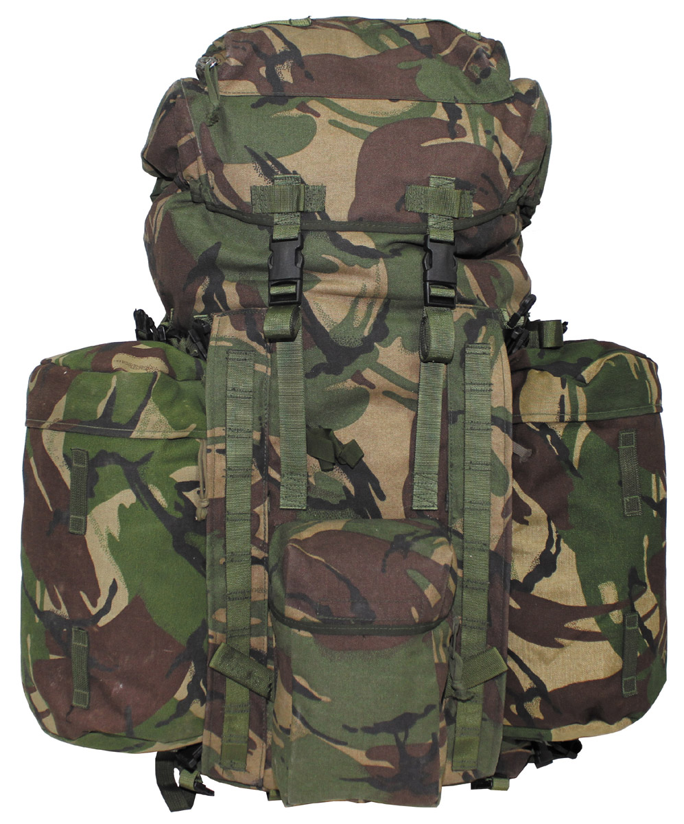 Brit. Rucksack, "PLCE LONG", Seitentaschen, DPM tarn, gebr.