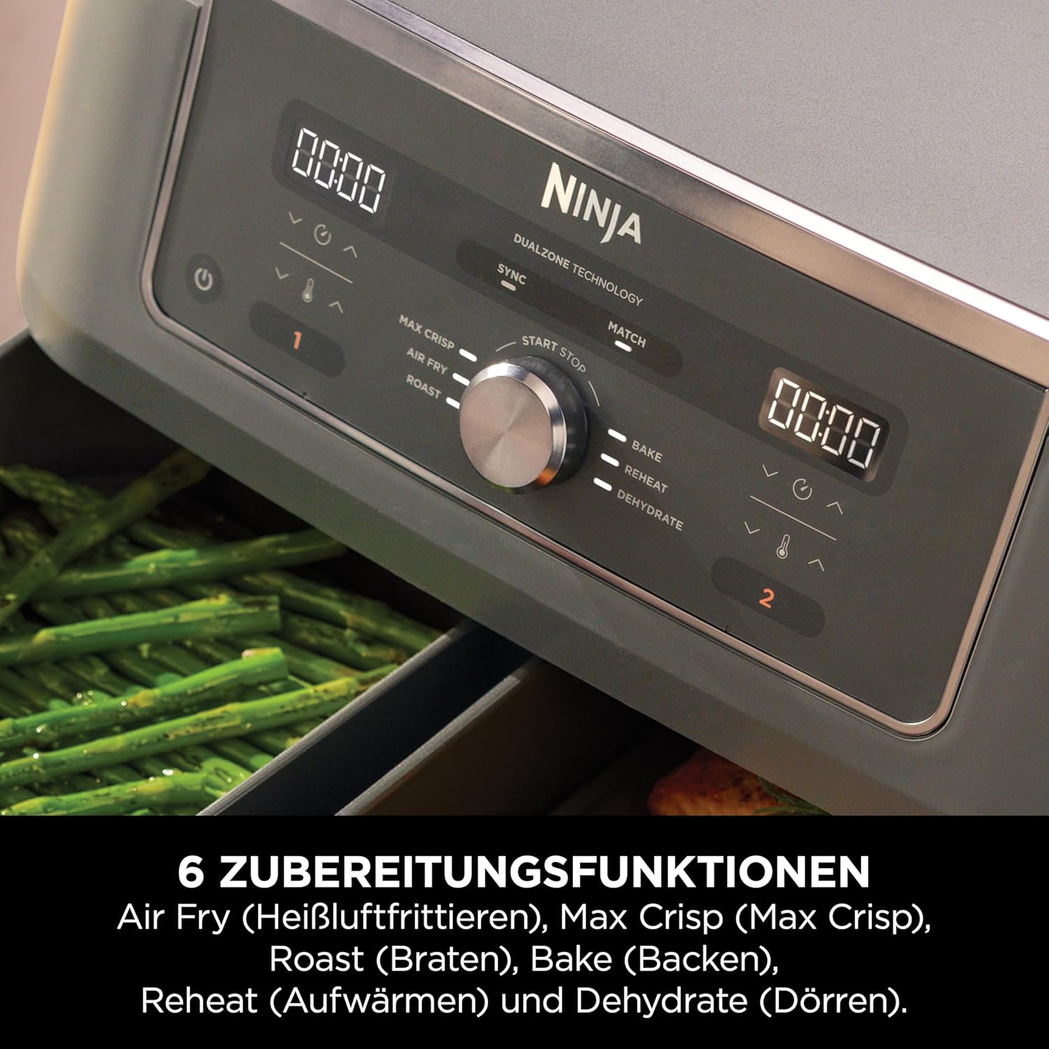 Ninja Dual Zone Digital Air Fryer, 2 Schubladen, 6-in-1, Heißluftfritteuse, 9,5L, Heißluft-Frittieren, Max Crisp, Rösten, Backen, Aufwärmen, Spülmaschinenfeste Körbe, Metallic Grau DZ400EU