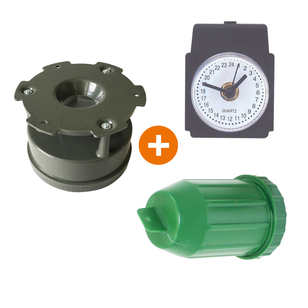 Wild-Futter-Streuautomat Dual, über Digital-Uhr gesteuert, Verteilung (1 bis 4 mal pro Tag) frei programmierbar, Futtermenge (1 bis20 sec. je