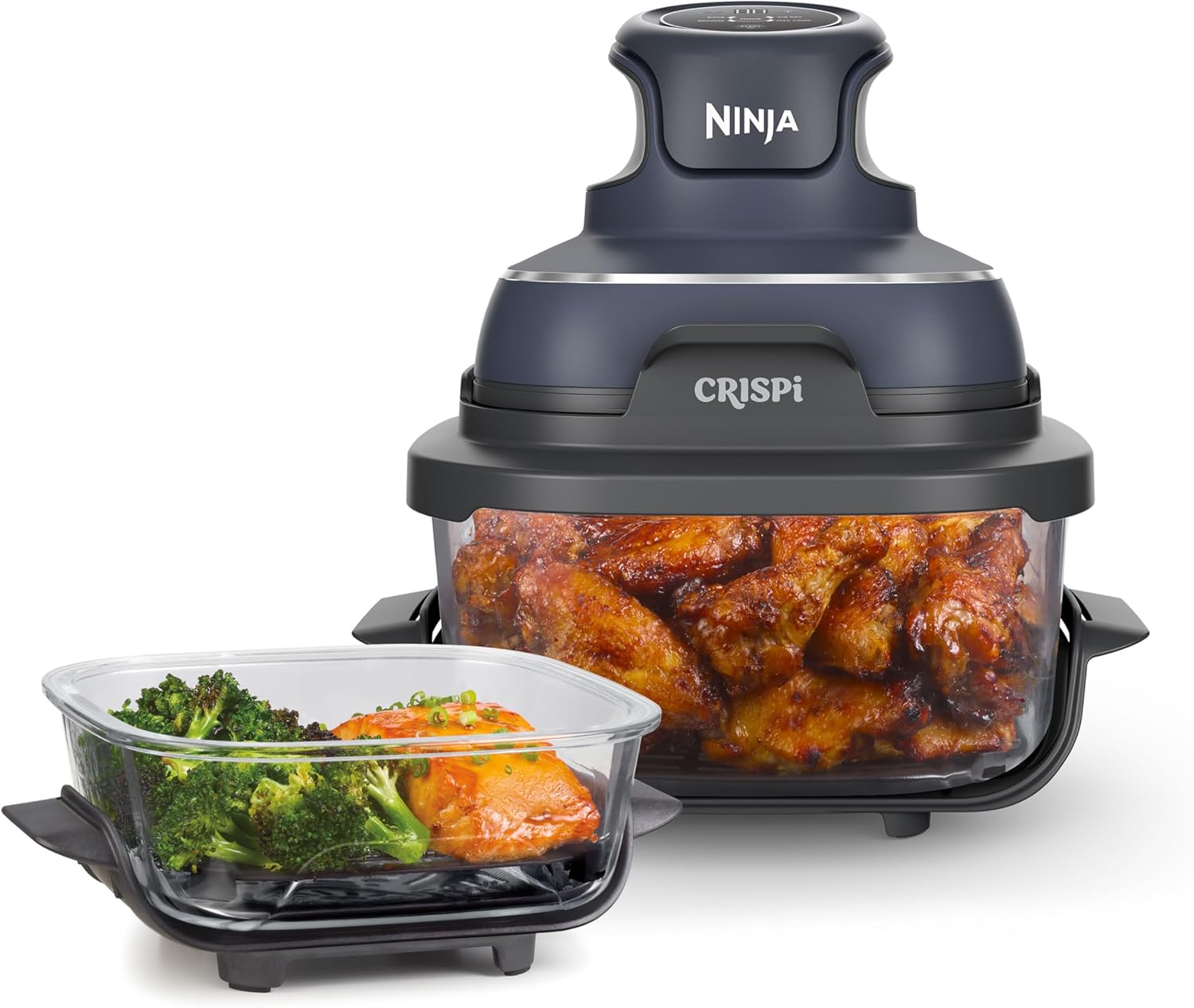 Ninja CRISPi tragbare Airfryer Heißluftfritteuse, 3,8 l, 4-in-1: Heißluftfrittieren, Braten, Warmhalten, Recrisp, kompakt, 6 Portionen, 2x herausnehmbare Glasbehälter & Deckel, 1.700 W, Grau FN101EUGY