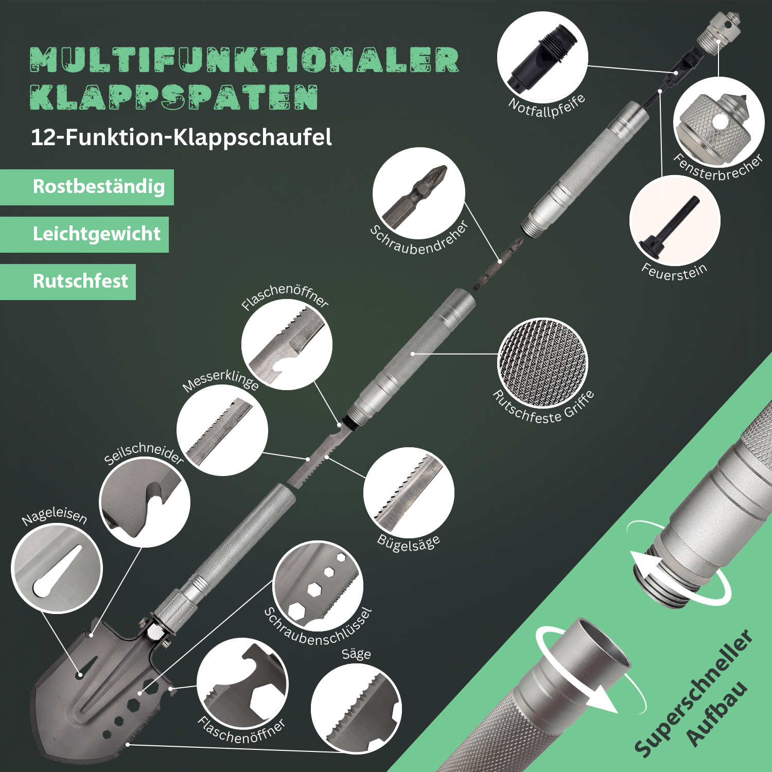 Klappspaten, Outdoor Schaufel, Multifunktionsspaten lang