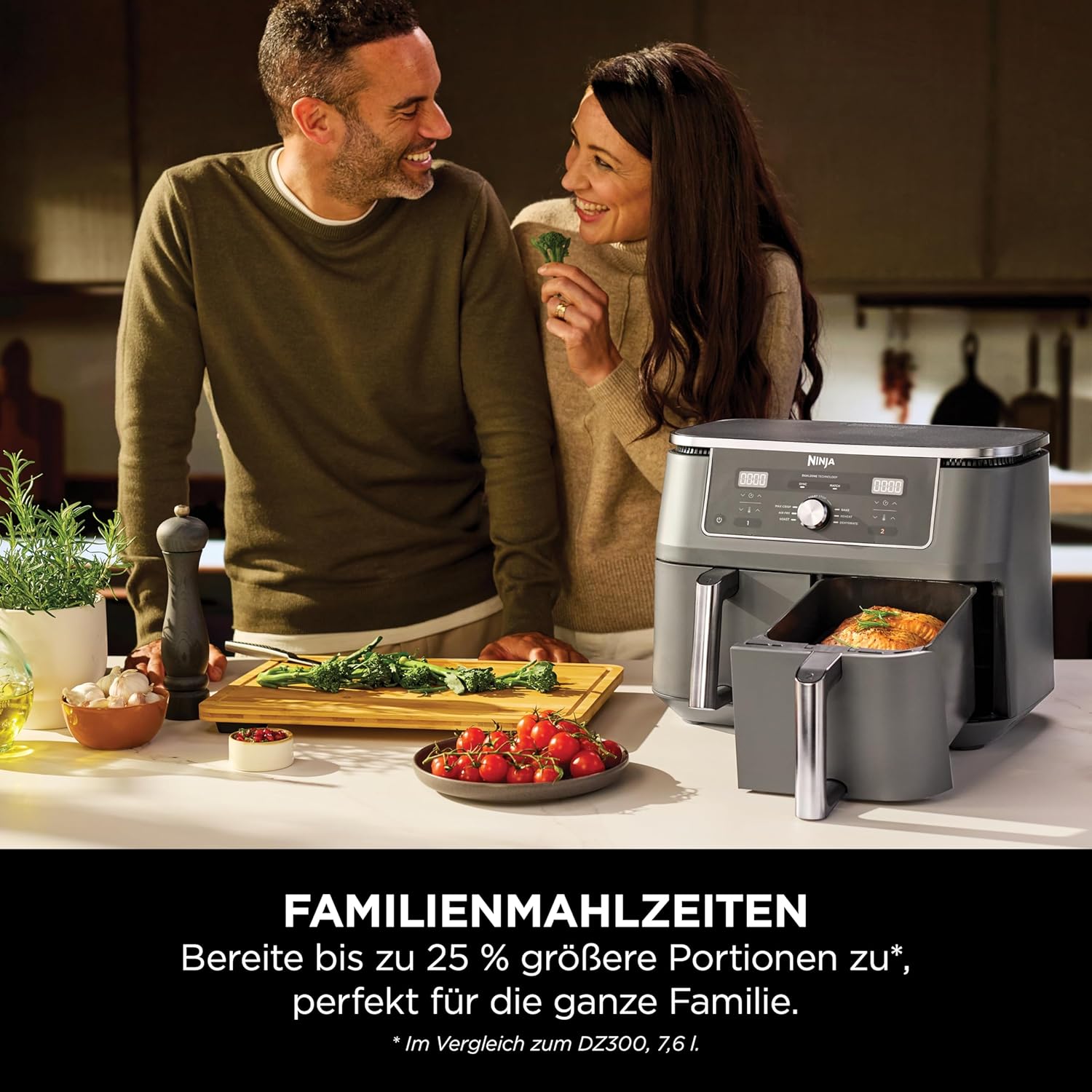 Ninja Dual Zone Digital Air Fryer, 2 Schubladen, 6-in-1, Heißluftfritteuse, 9,5L, Heißluft-Frittieren, Max Crisp, Rösten, Backen, Aufwärmen, Spülmaschinenfeste Körbe, Metallic Grau DZ400EU