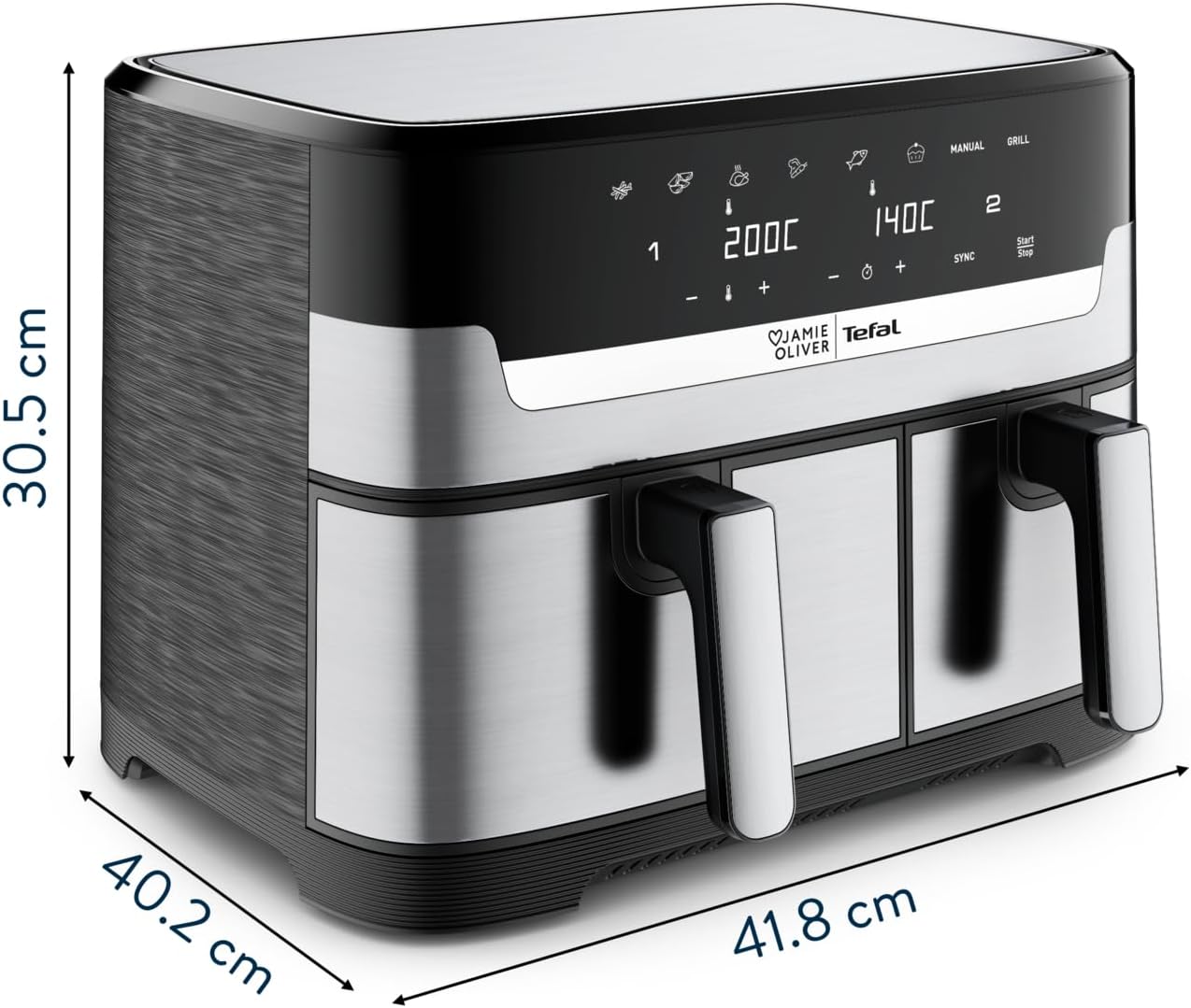 Jamie Oliver by Tefal Dual Drawer Heißluftfritteuse 8,3 L – Airfryer mit 2 Kammern & Grillfunktion, 8 Programme, Sync-Modus für gleichzeitiges Garen, fettarm frittieren & energiesparend
