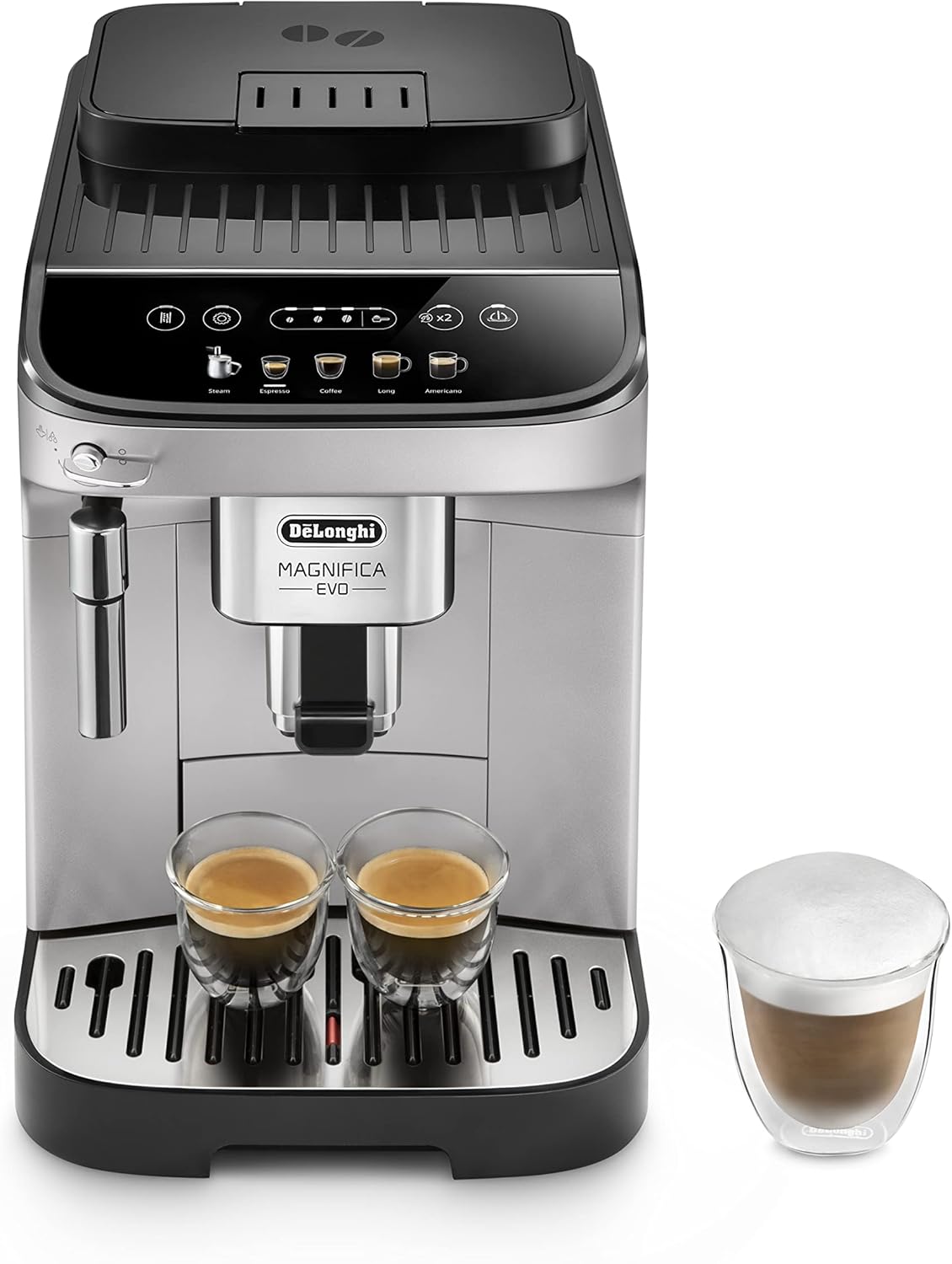 De Longhi Kaffeevollautomat Magnifica Evo Silver Black, Kaffeemaschine, Soft Touch Display, Milchaufschäumer, 5 Rezepte auf Knopfdruck, ECAM292.33.SB