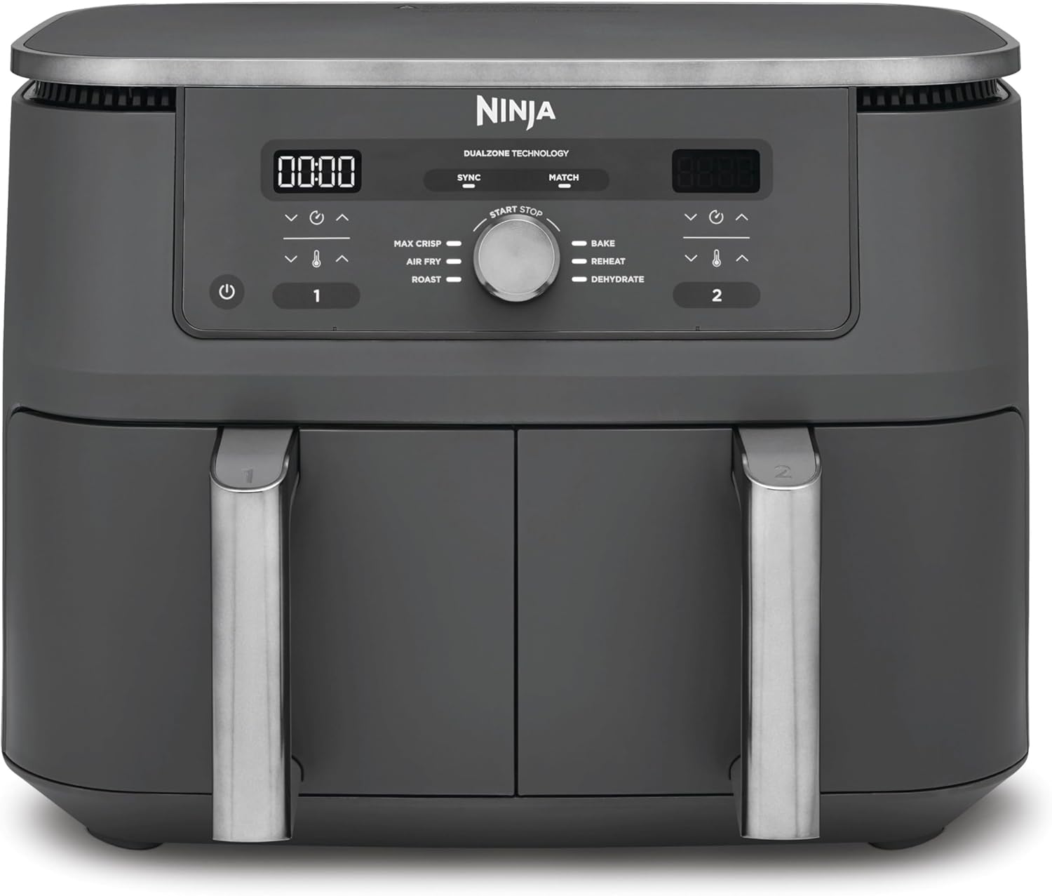 Ninja Dual Zone Digital Air Fryer, 2 Schubladen, 6-in-1, Heißluftfritteuse, 9,5L, Heißluft-Frittieren, Max Crisp, Rösten, Backen, Aufwärmen, Spülmaschinenfeste Körbe, Metallic Grau DZ400EU
