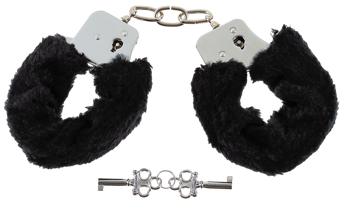 Handschellen, 2 Schlüssel, chrom, Fellüberzug in schwarz