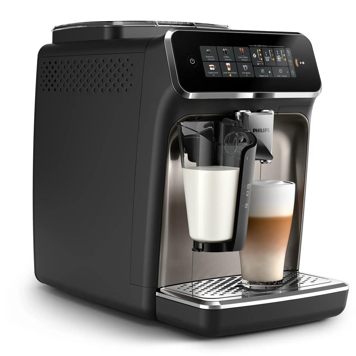 Philips 3300 Series Kaffeevollautomat - 6 Getränke, Modernes Farb-Touchscreen-Display, LatteGo-Milchsystem, SilentBrew, 100% Keramikmahlwerk, AquaClean Filter, Schwarzchrom (EP3347/90)
