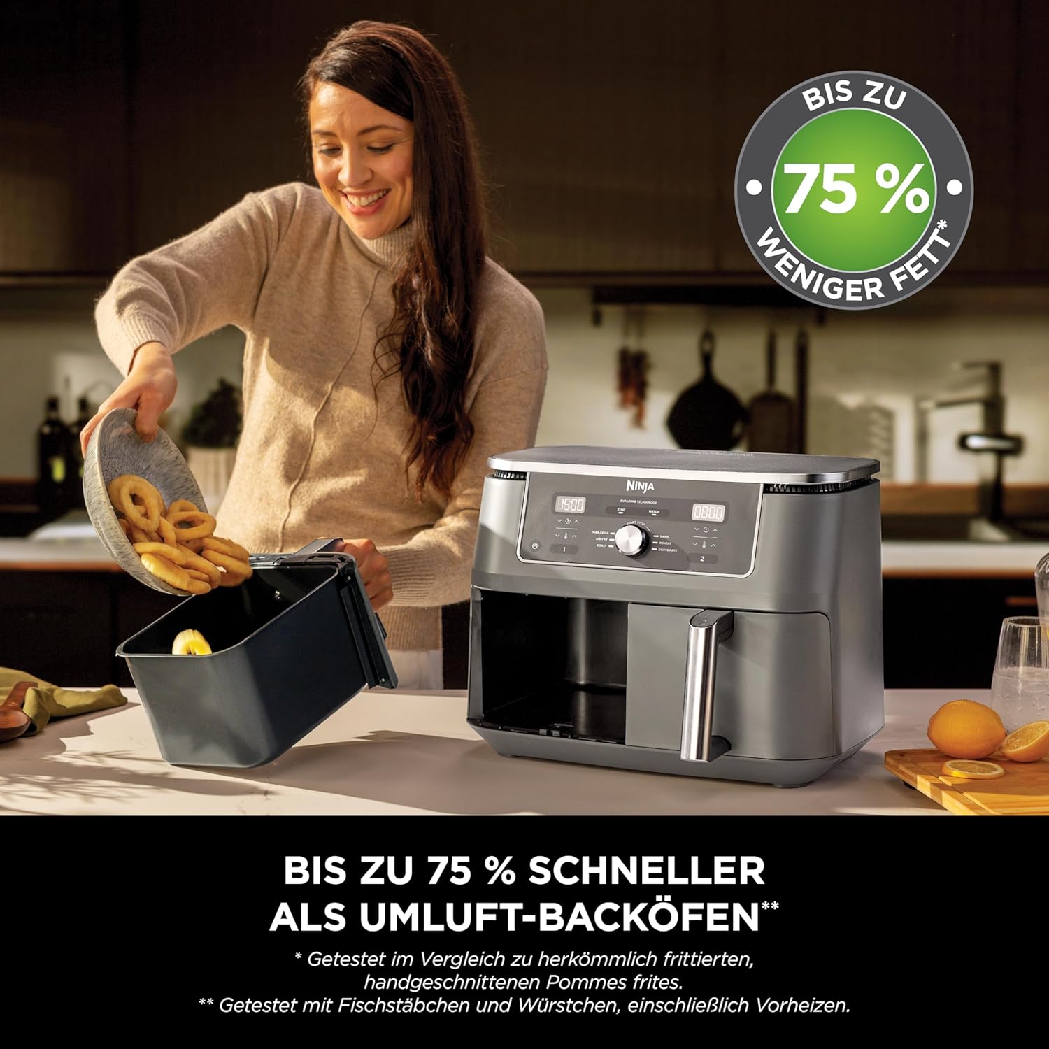Ninja Dual Zone Digital Air Fryer, 2 Schubladen, 6-in-1, Heißluftfritteuse, 9,5L, Heißluft-Frittieren, Max Crisp, Rösten, Backen, Aufwärmen, Spülmaschinenfeste Körbe, Metallic Grau DZ400EU